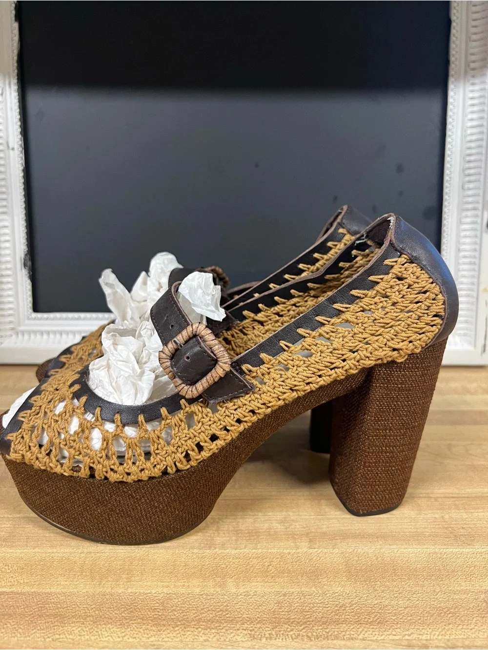 Unleashed Boho macrame chunky Mary Jane strap heels